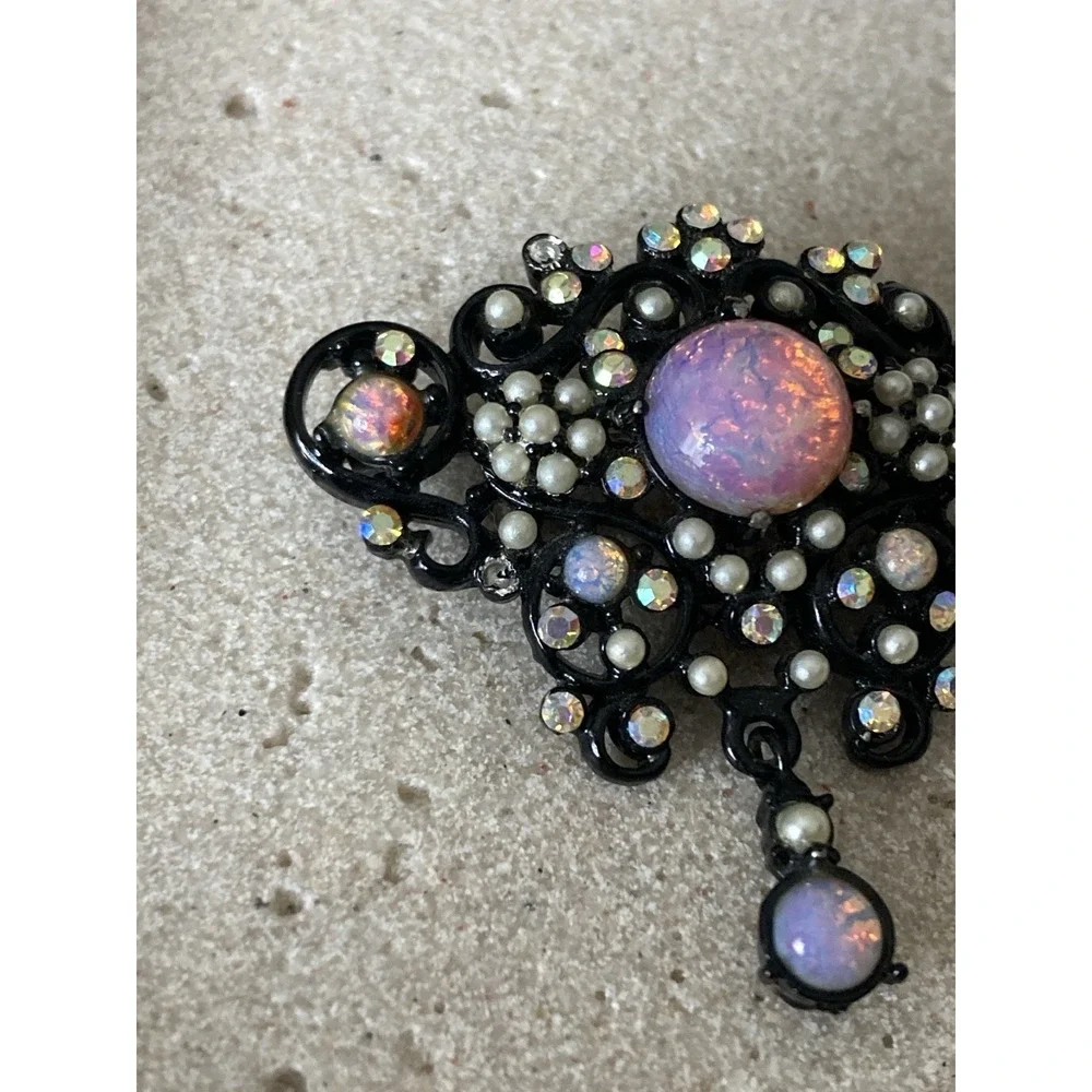 Black Filigree AB Rhinestone‎ Faux Opal Pearl Dangle Brooch Victorian Gothic Pin